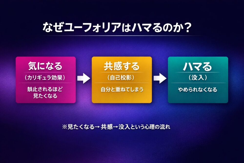 ユーフォリアがハマる理由を解説した図解（カリギュラ効果・自己投影・没入の流れ）